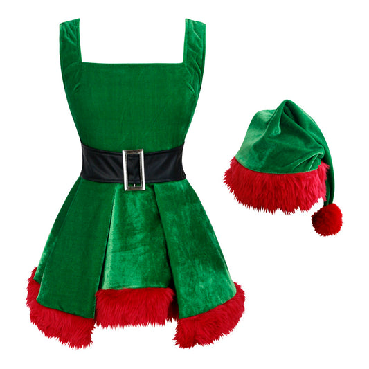 Kimring Women's Velvet Christmas Party Mini Santa Dress Elf Costume