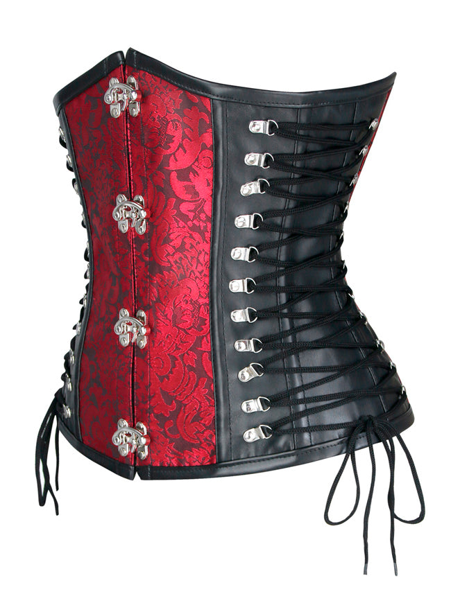 Vintage Burlesque Faux Leather Jacquard Gothic Steampunk Lace Up Underbust Corset Tops Side View