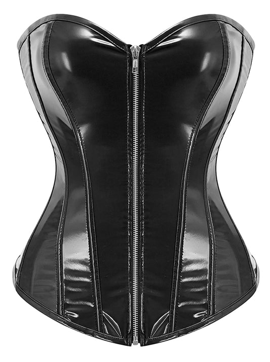Kimring Womens Gothic Faux Leather Strapless Zipper Boned Bustier Overbust Corset Top Black Main Image