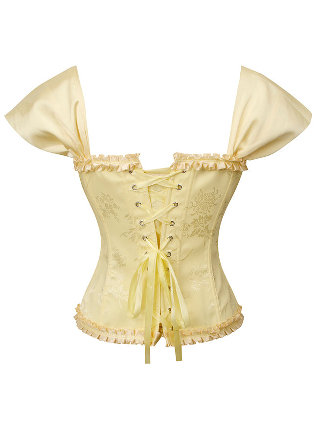 Vintage Elegant Brocade Off Shoulder Yellow Wedding Bustier Corset Top Detail View