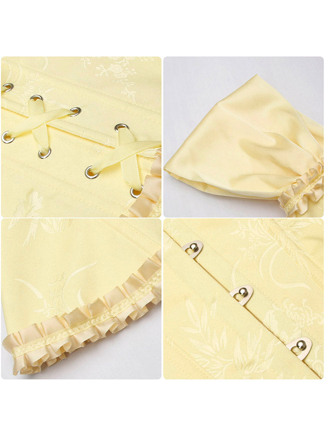 Renaissance Vintage Lace Trim Overbust Brocade Bustier Corset Top with Cap Sleeves Detail View