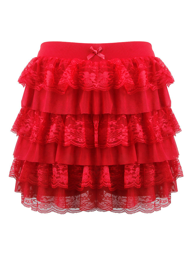 Women's Y2K Lolita Lace Multi-Layered Ruffle Bloomers Pumpkin Mini Skirt Shorts Red Main Image