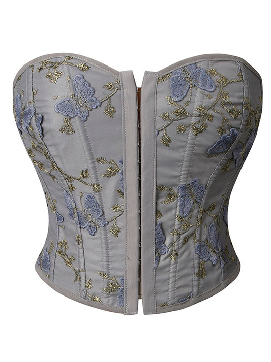 Vintage Embroidered Floral Strapless Push Up Tube Boned Overbust Bustier Corset Crop Tank Top Main View