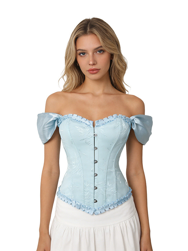 Renaissance Retro Sweetheart Overbust Push Up Blue Brocade Bustier Corset Top Side View