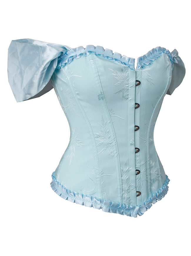 Victorian Vintage Off Shoulder Jacquard Overbust Blue Corset Top Back View
