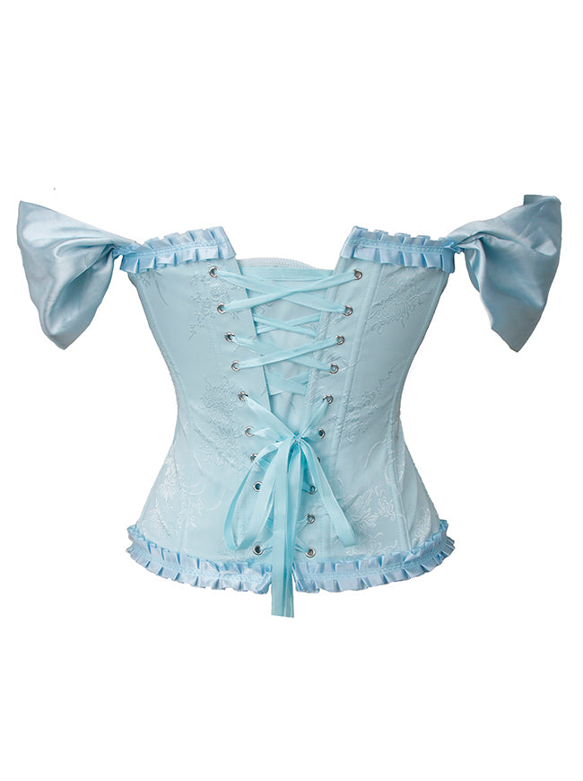 Vintage Elegant Brocade Off Shoulder Blue Wedding Bustier Corset Top Detail View