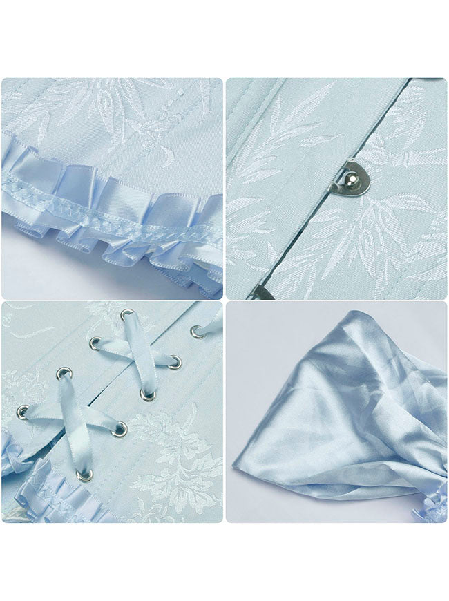 Renaissance Vintage Lace Trim Overbust Brocade Bustier Corset Top with Cap Sleeves Detail View