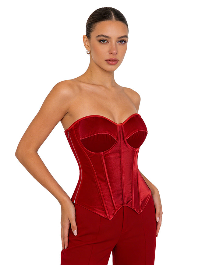 Women Red Strapless Corset Top Striped With Cups Model View
