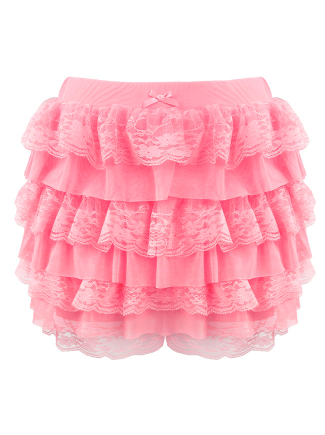 Women's Y2K Lolita Lace Multi-Layered Ruffle Bloomers Pumpkin Mini Skirt Shorts Pink Main Image