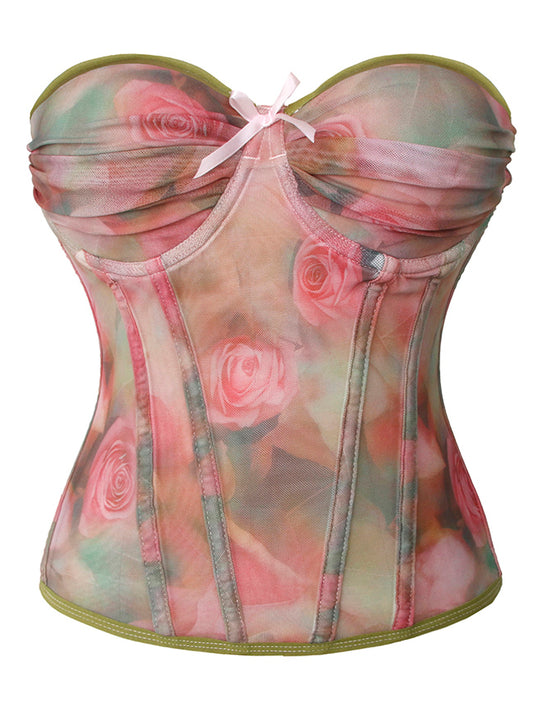 Renaissance Retro Sweetheart Floral Mesh Boned Overbust Corset Multicoloured Main Image