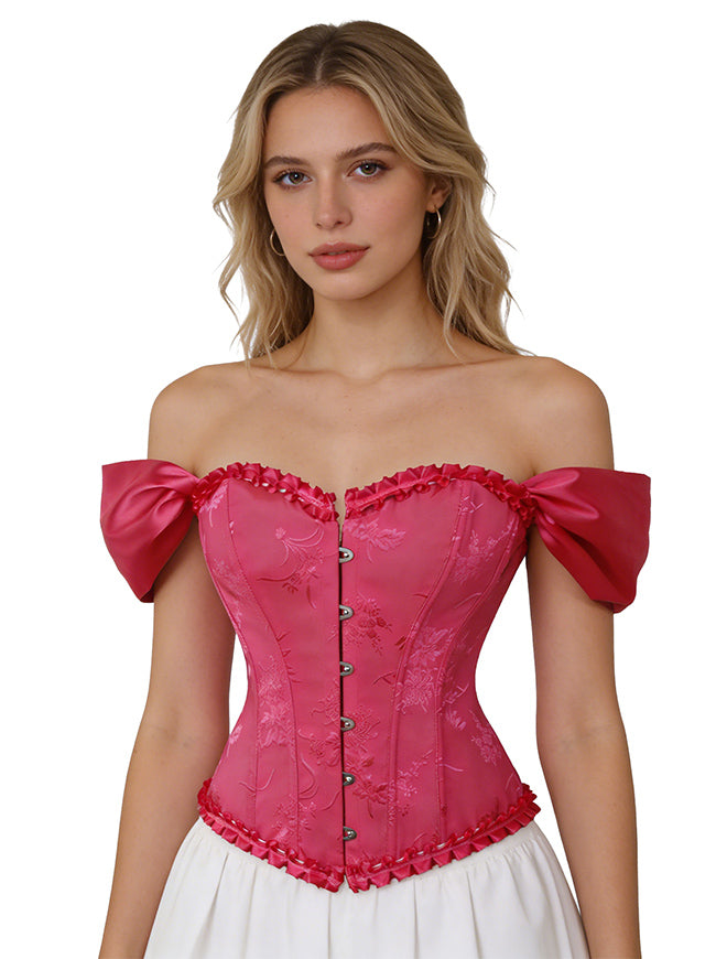 Renaissance Retro Sweetheart Overbust Push Up Rose Brocade Bustier Corset Top Side View
