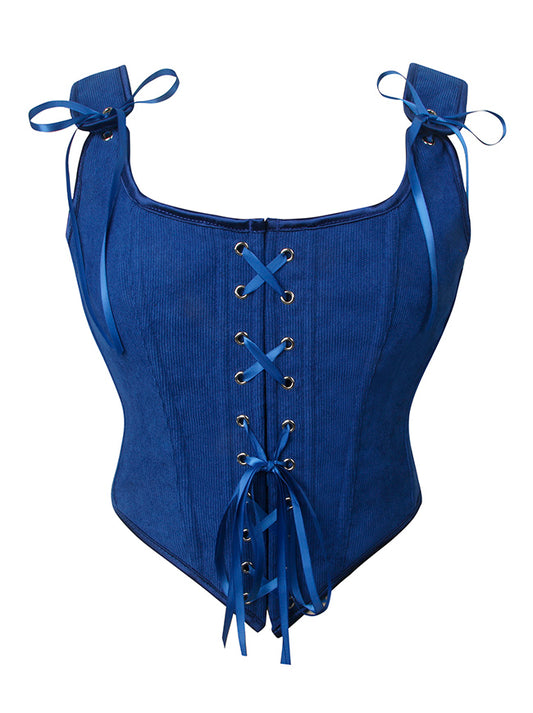 Kimring Women's Renaissance Vintage Overbust Corduroy Front Tie Corset Crop Top Blue Main Image