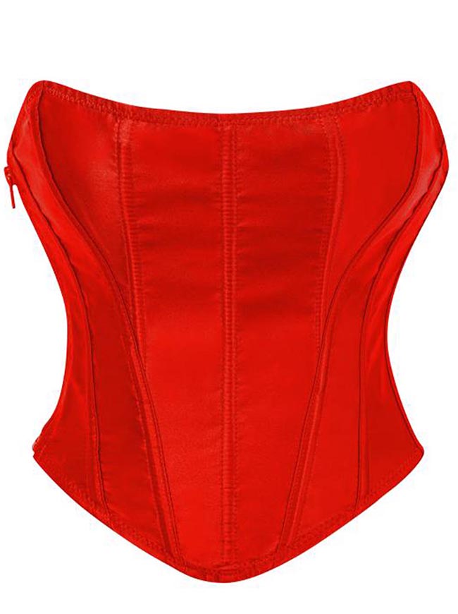 Kimring Women's Satin Strapless Lace Up Boned Overbust Bustier Corset Crop Top Red Main Image