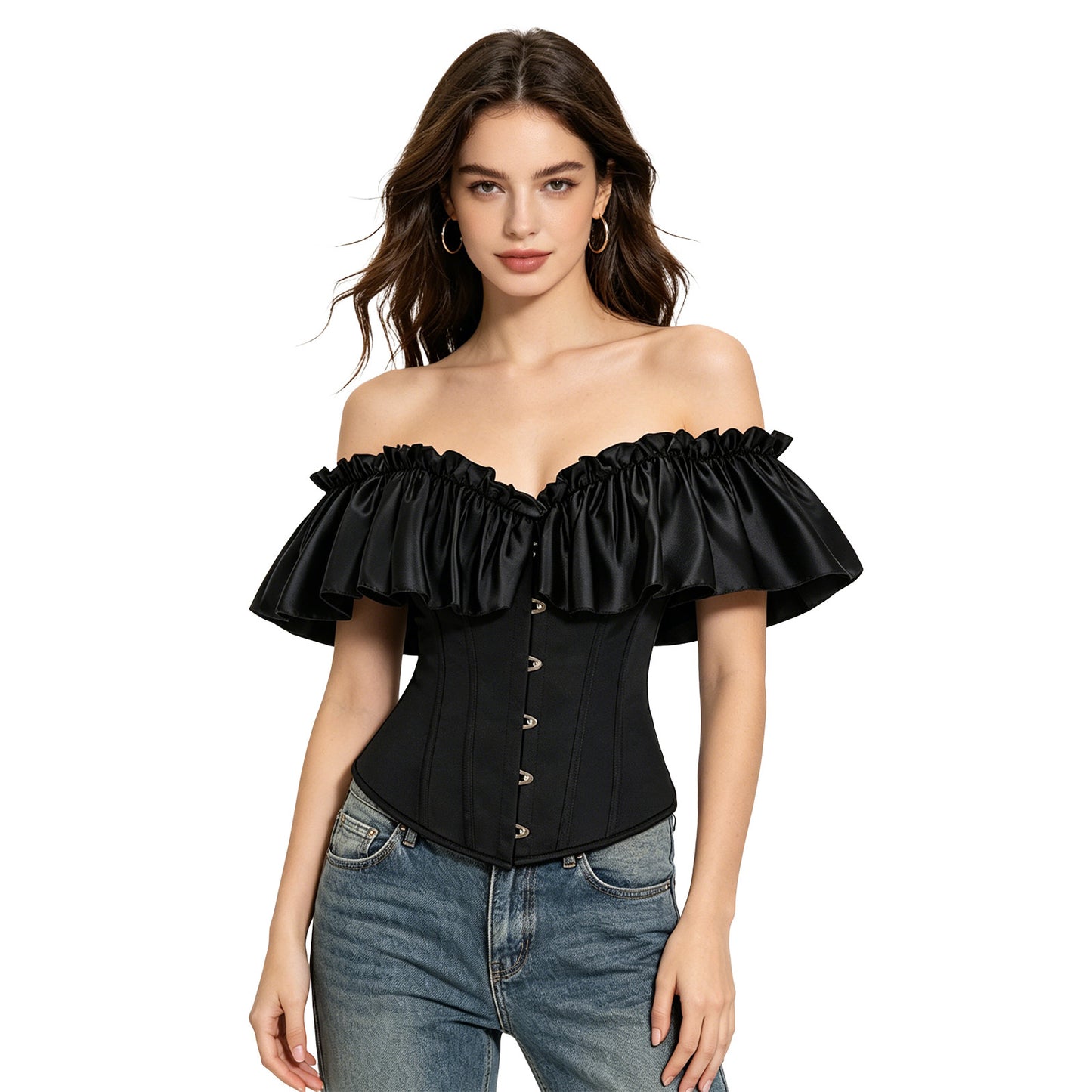 Women Strapless Lace Up Corset with Sleeves Model View