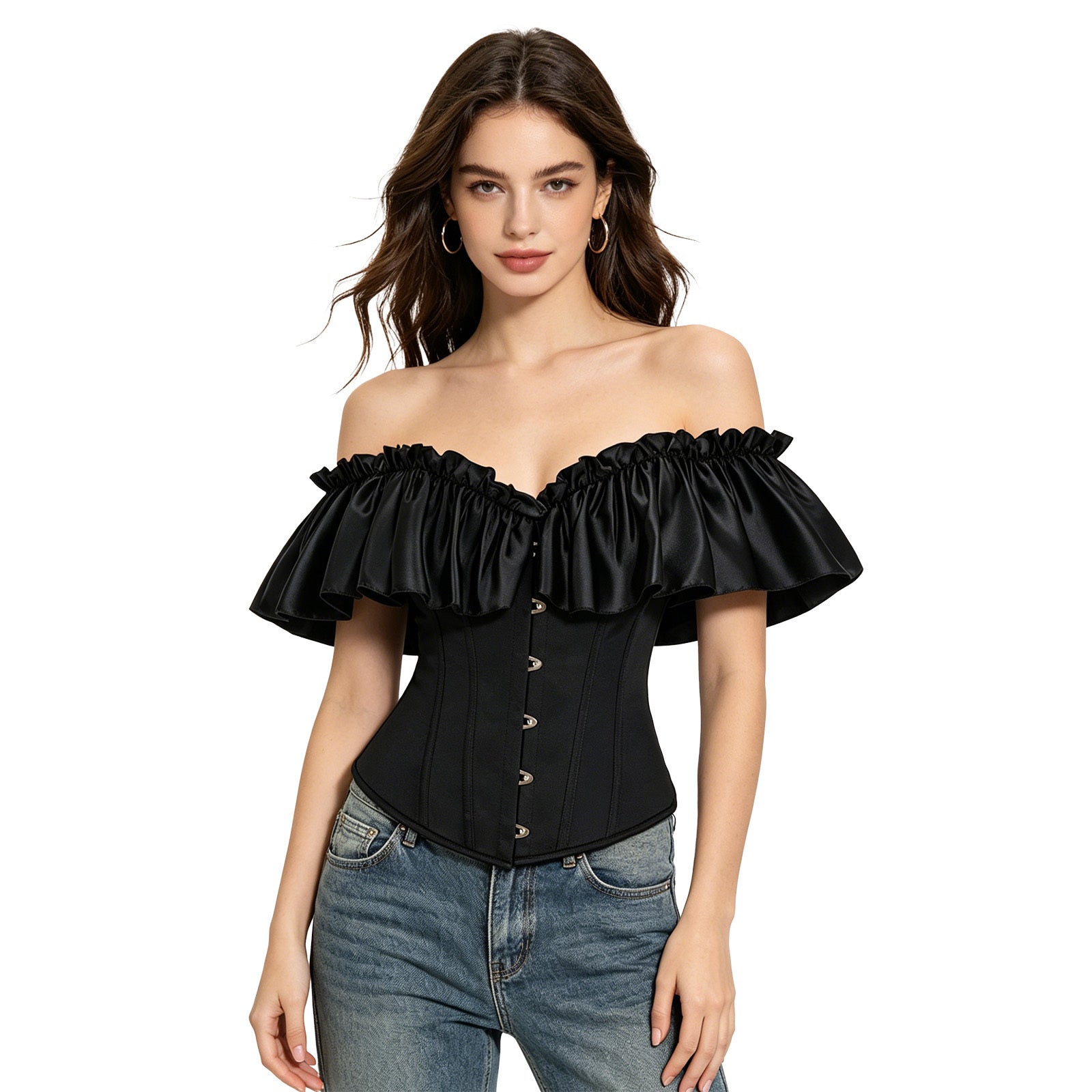 Women Strapless Lace Up Corset with Sleeves Model View