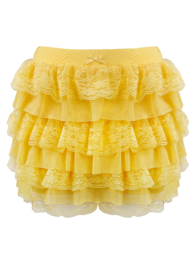 Women's Y2K Lolita Lace Multi-Layered Ruffle Bloomers Pumpkin Mini Skirt Shorts Yellow Main Image