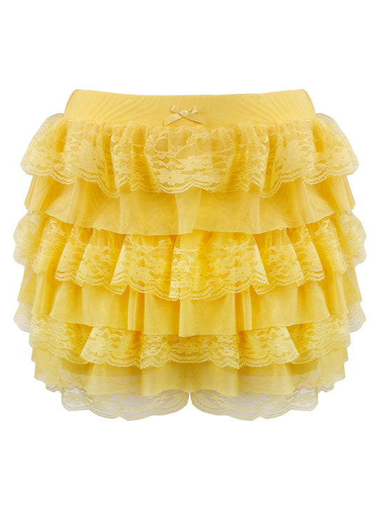 Women's Y2K Lolita Lace Multi-Layered Ruffle Bloomers Pumpkin Mini Skirt Shorts Yellow Main Image