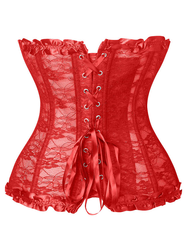 Burlesque Red Sexy Mesh Sheer Bodycon Overbust Corset Lingerie Top Back View