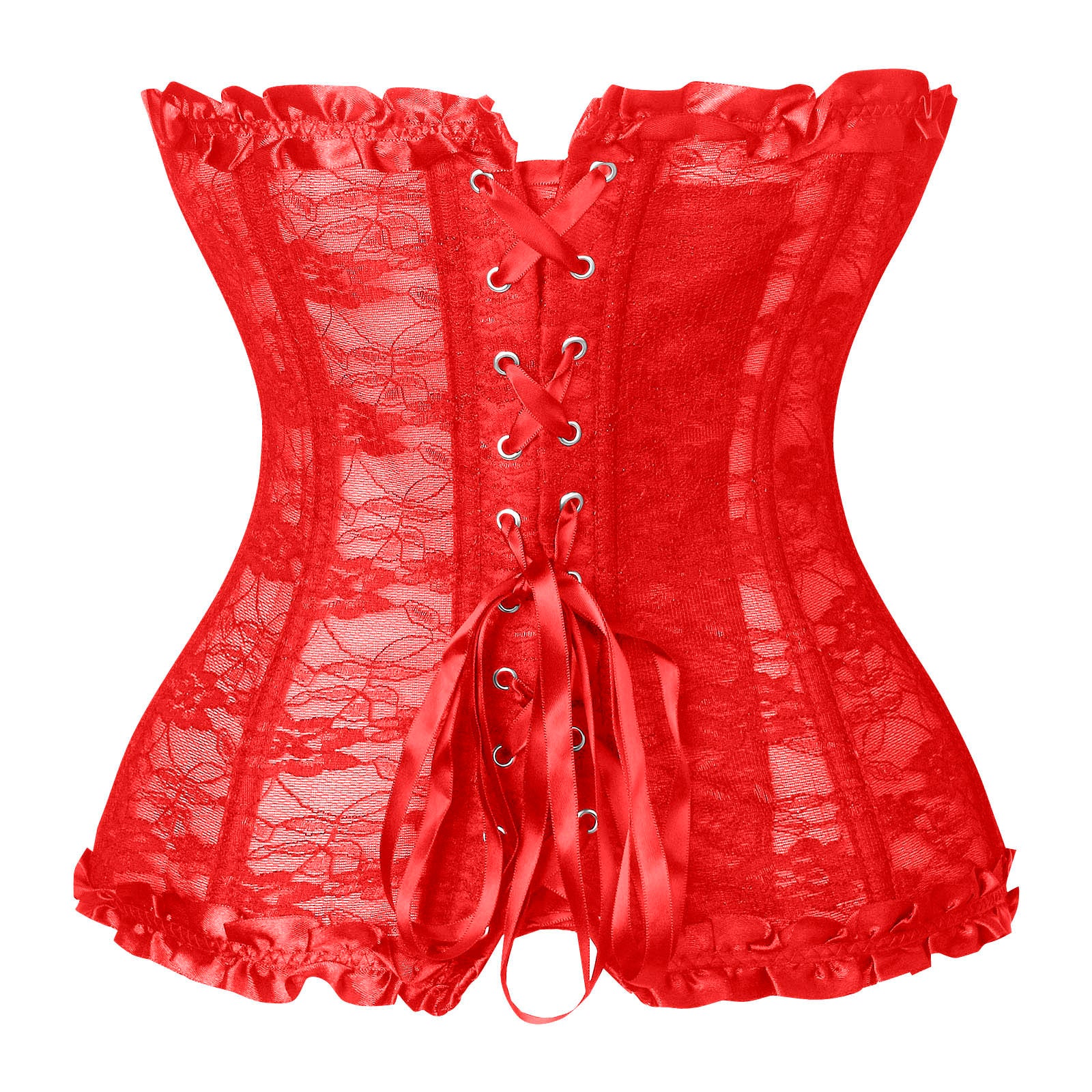 Burlesque Red Sexy Mesh Sheer Bodycon Overbust Corset Lingerie Top Back View