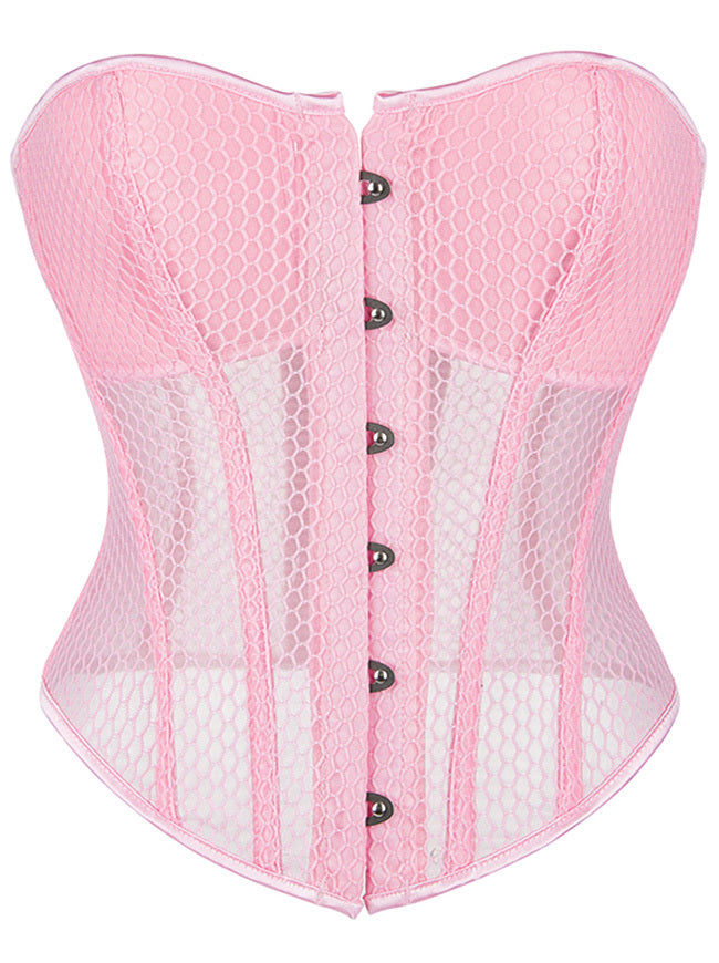Kimring Women's Mesh Lace Up Body Shaper Overbust Corset Top with Built-in Cups Pink Main Image
