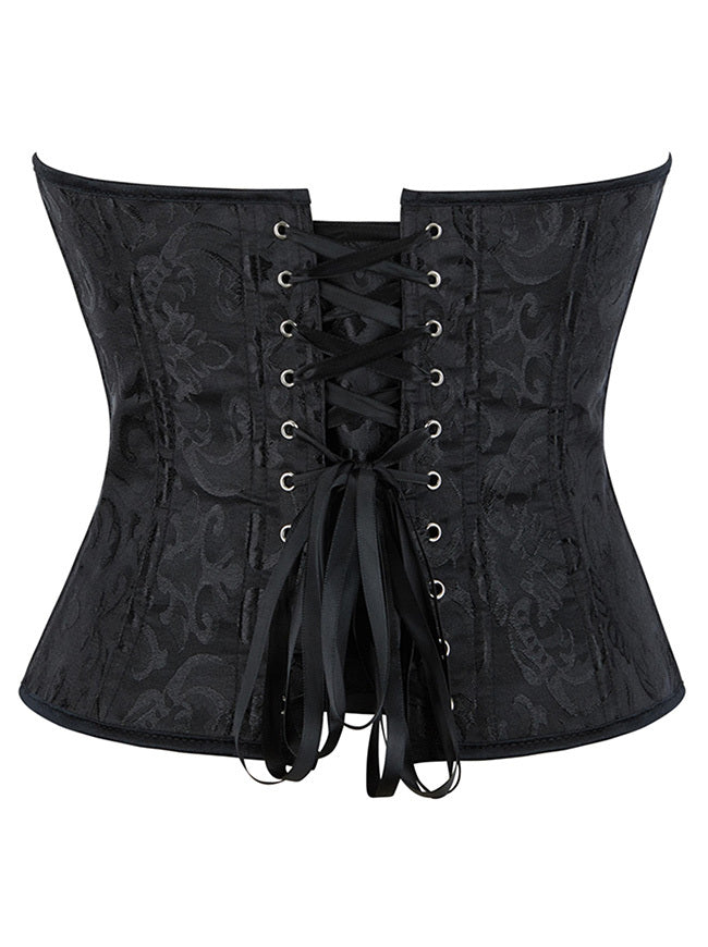 Vintage Black Sweetheart Floral Overbust Lace Up Gothic Corset with Zipper Side View