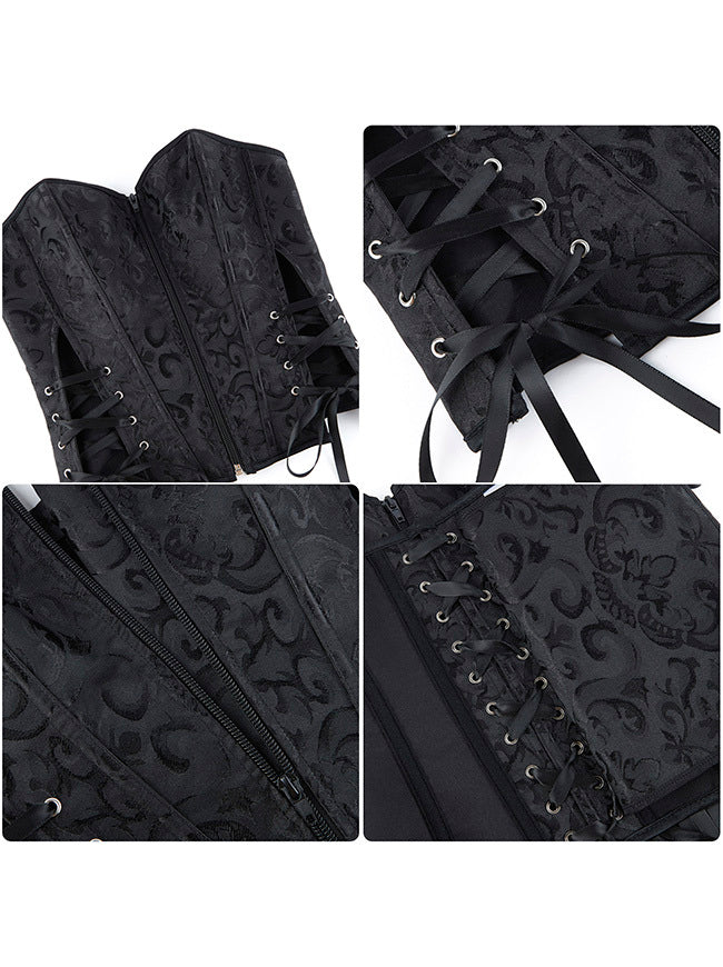 Victorian Goth Elegant Push Up Flower Waist Cincher Wedding Corset with Zipper Detail View
