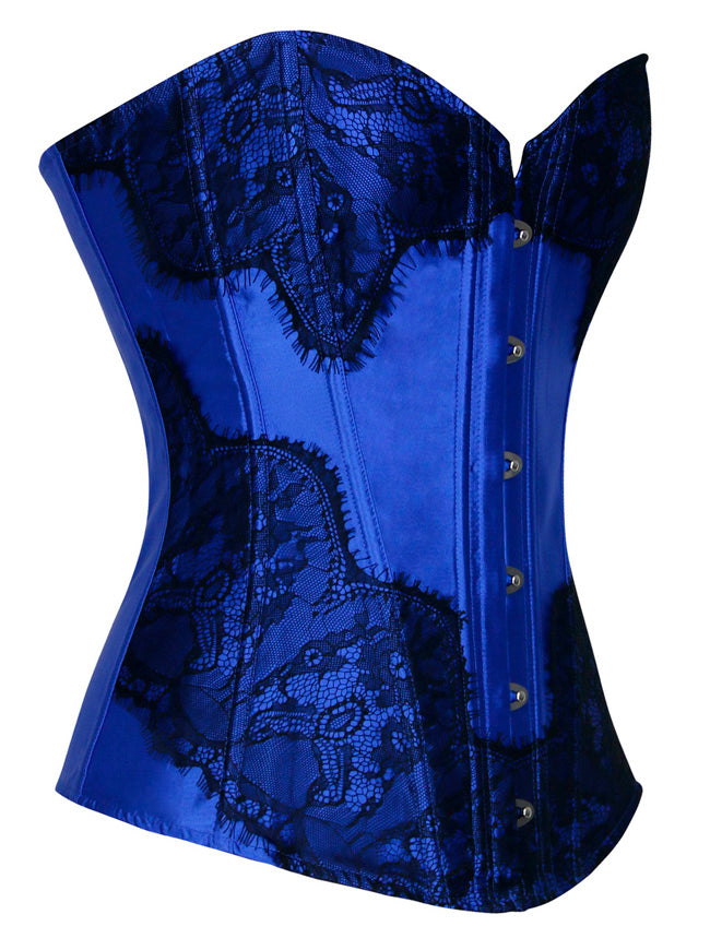 Women Gothic Satin Lace Steel Boned Strapless Overbust Corset Blue Side View