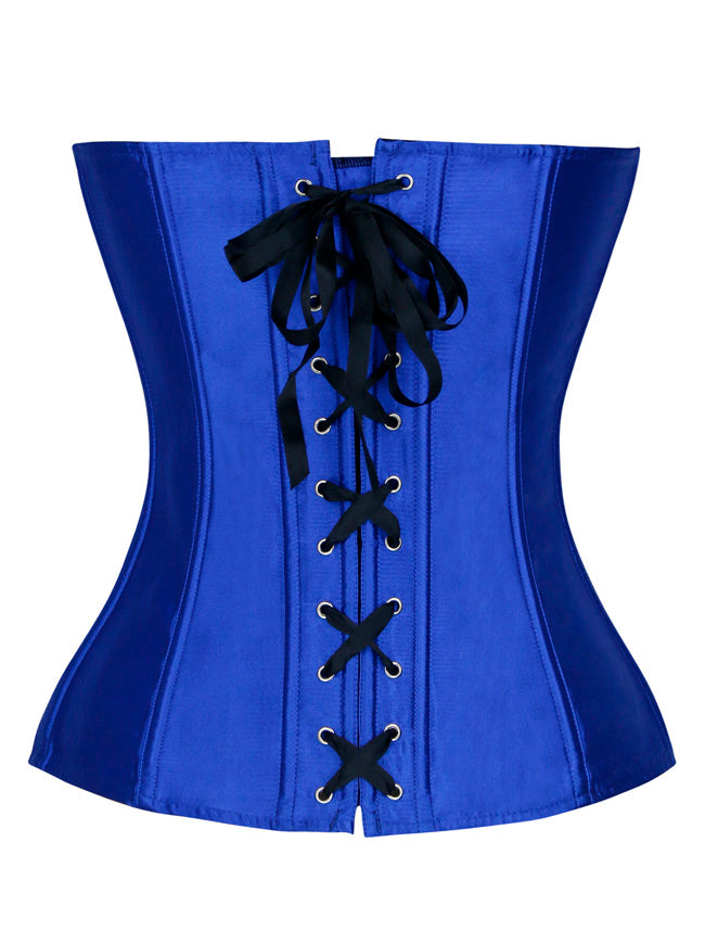 Women Victorian Satin Lace Steel Boned Strapless Body Shaper Corset Blue Back View