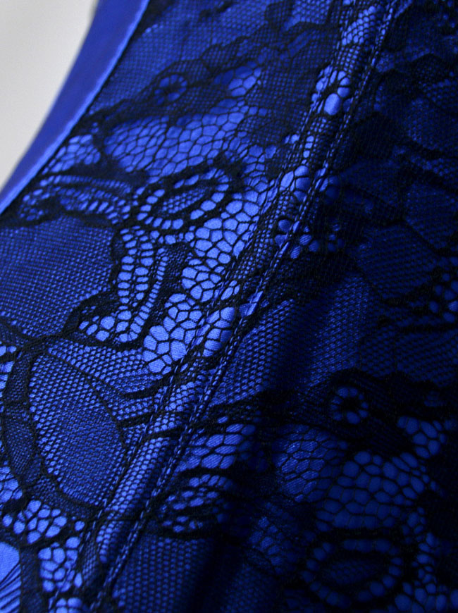 Women Vintage Satin Lace Steel Boned Strapless Cheap Overbust Corset Blue Detail View