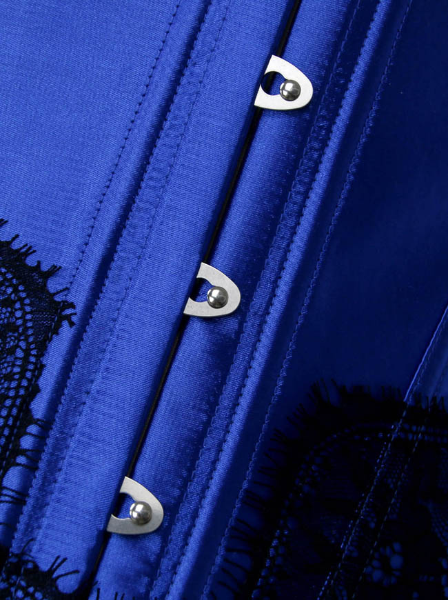 Women Vintage Satin Lace Steel Boned Strapless Slimming Overbust Corset Blue Detail View
