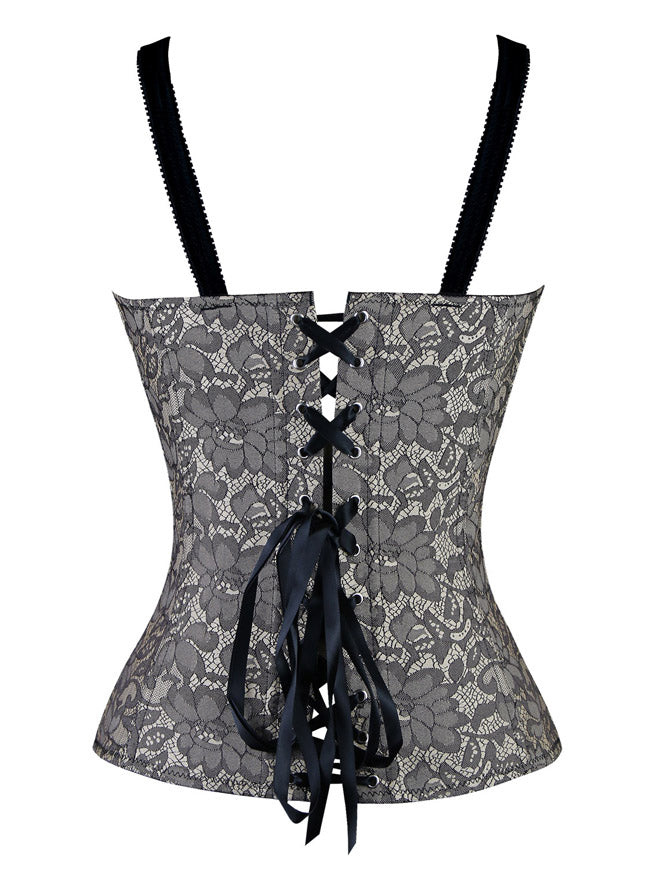Women's Elegant Satin Jacquard Shoulder Strap Tank Body Shaper Bustier Corset Grey Back View