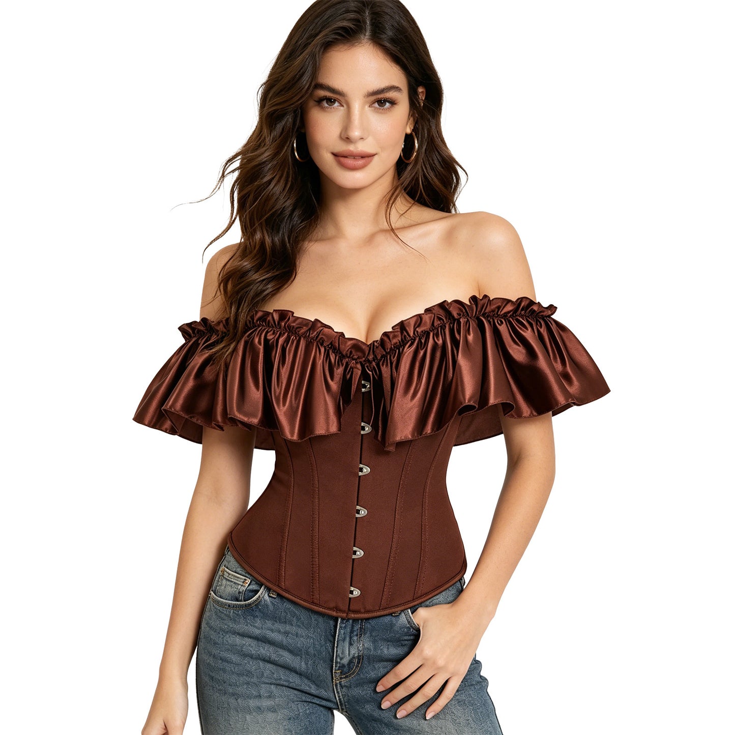 Women Strapless Lace Up Corset with Sleeves Model View