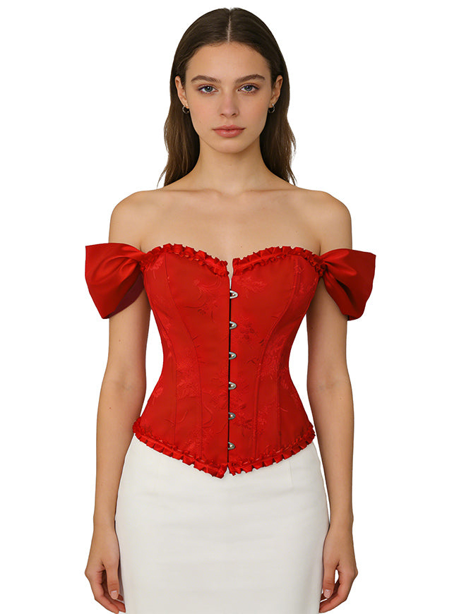 Renaissance Retro Sweetheart Overbust Push Up Red Brocade Bustier Corset Top Side View