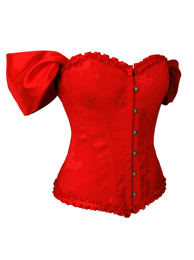 Victorian Vintage Off Shoulder Jacquard Overbust Red Corset Top Back View