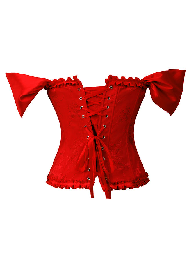 Vintage Elegant Brocade Off Shoulder Red Wedding Bustier Corset Top Detail View