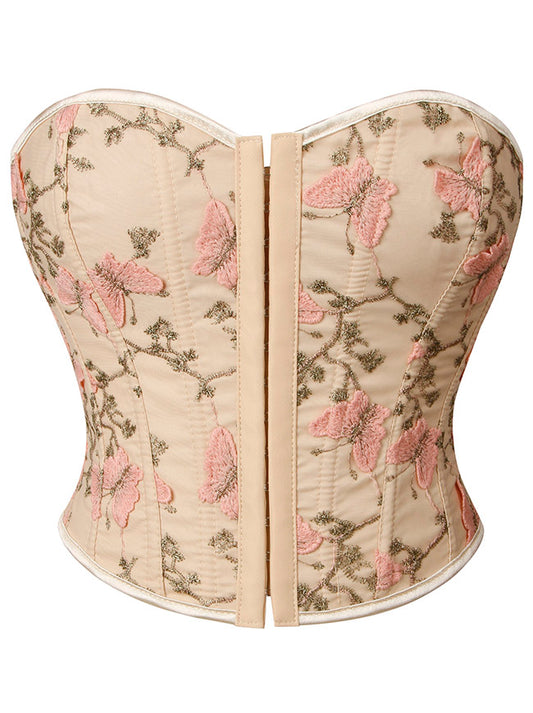 Vintage Renaissance Floral Printed Strapless Lace-up Bustier Apricot Corset Crop Top Main View
