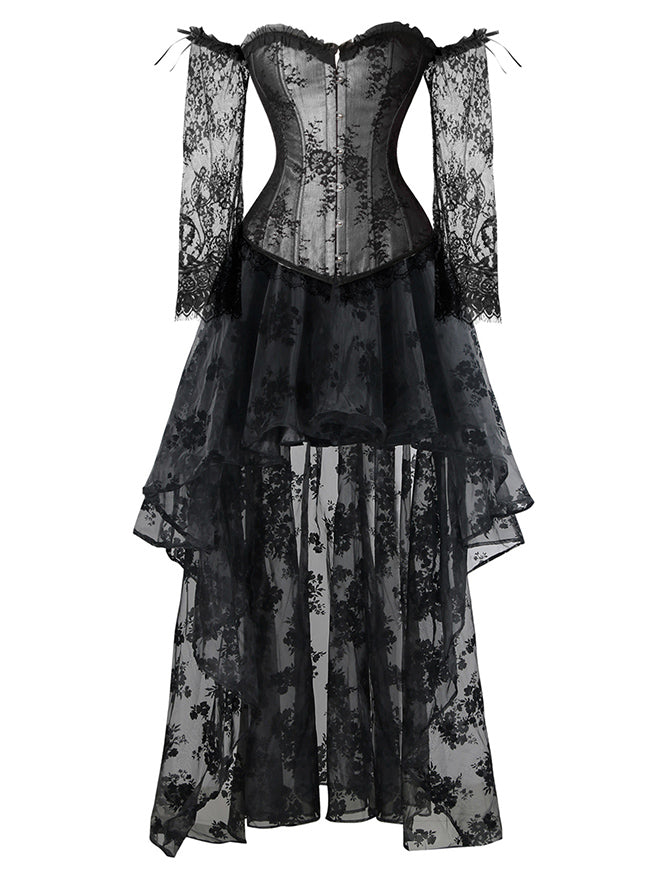 Gothic Vintage Off Shoulder Overbust Bridal Lace Up Two Piece Corset Skirt Set Main View