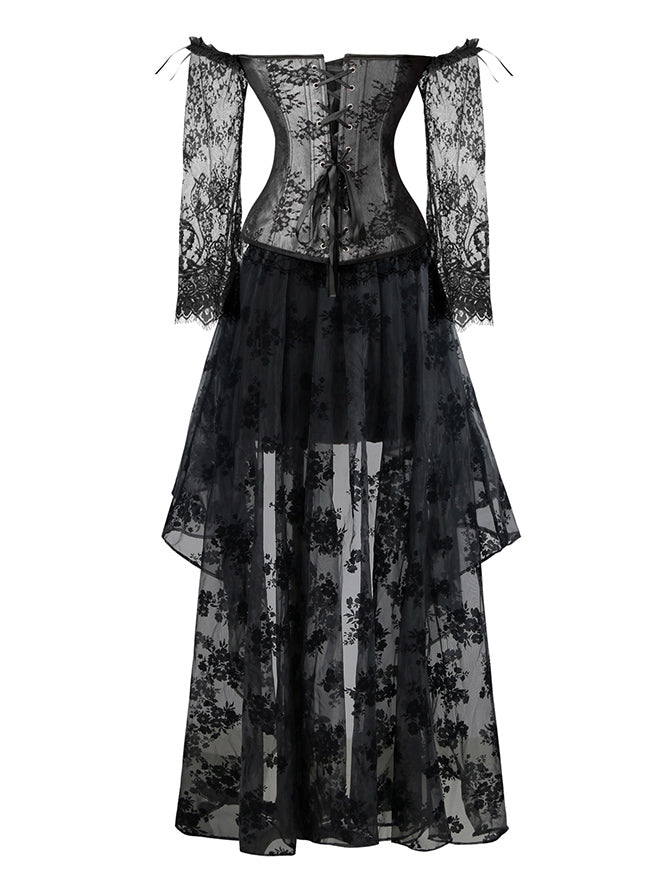 Women's Steampunk Victorian Halloween Medieval Floral Printed Corset with High Low Skirt Back View