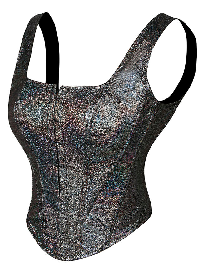 Gothic Vintage Halloween Party Glitter Corset Crop Tops with Straps Side View