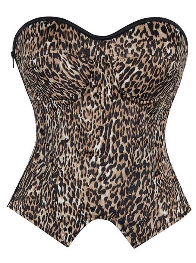 Kimring Women's Strapless Irregular Hem Boned Lace Up Overbust Corset Top Leopart Print Main Image