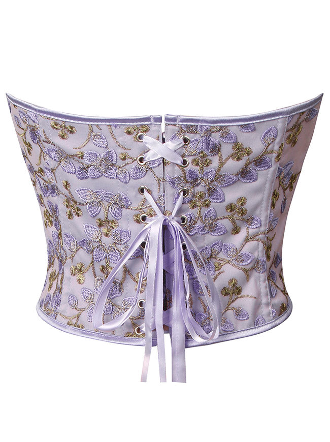 Vintage Embroidery Floral Backless Overbust Purple Strapless Corset Bustier Crop Top Back View