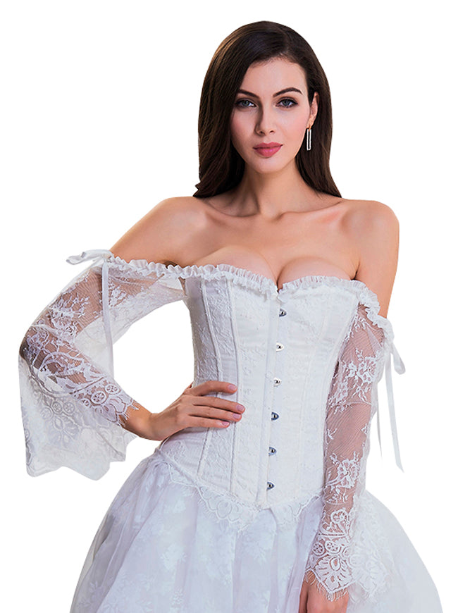 Women's Steampunk Elegant Off Shoulder Jacquard Bustier Corset with Floral Lace Long Sleeves White Main View