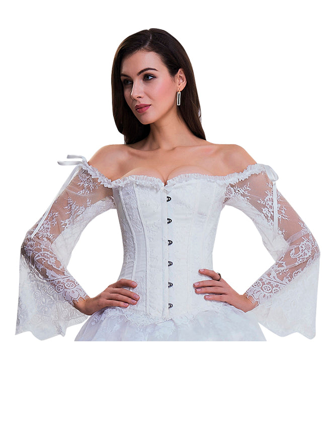 Women's Victorian Charming Off Shoulder Jacquard Overbust Long Sleeves Corset White Main View