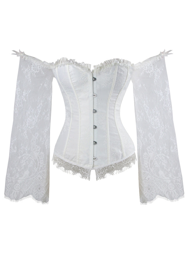 Women's Retro Sexy Off Shoulder Jacquard Bustier Corset with Floral Lace Long Sleeves White Main View