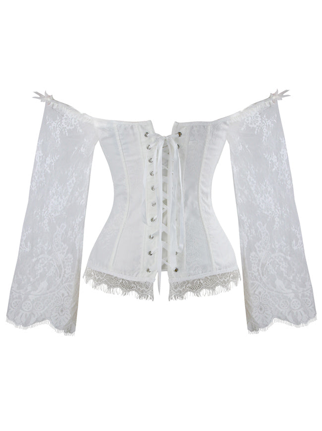 Women's Vintage Fancy Off Shoulder Jacquard Overbust Long Sleeves Corset White Back View
