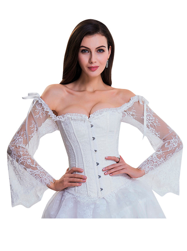 Steampunk Victorian Elegant Off Shoulder Jacquard Overbust Corset with Floral Lace Long Sleeves Main View