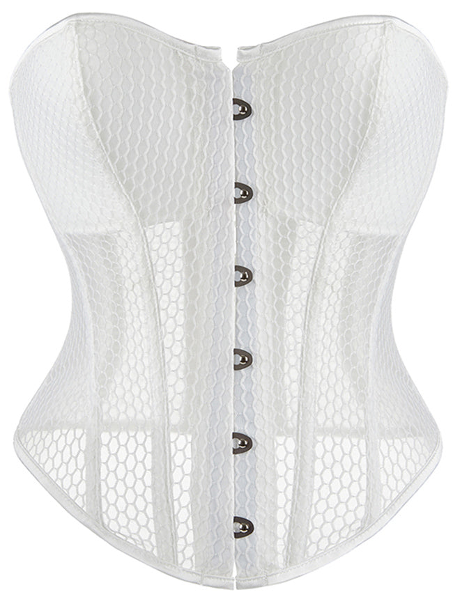 Kimring Women's Mesh Lace Up Body Shaper Overbust Corset Top with Built-in Cups White Main Image