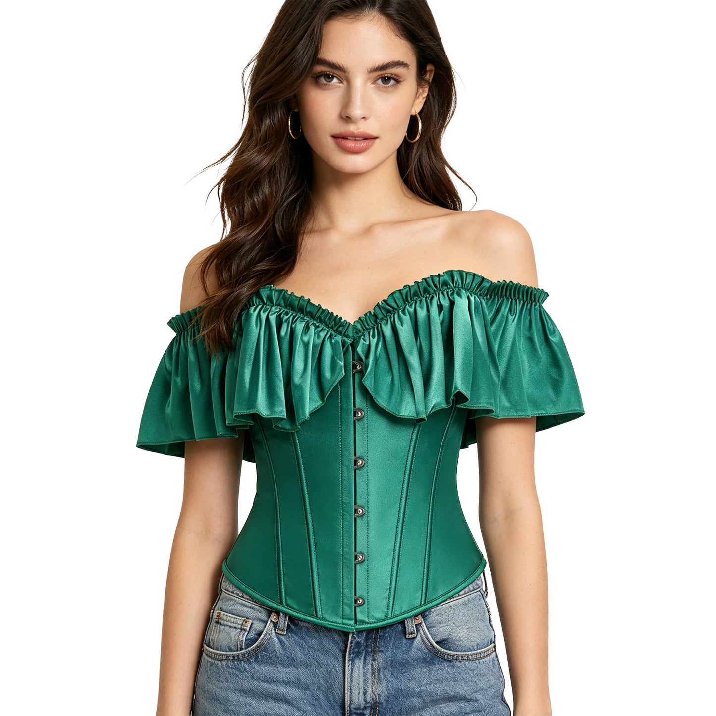 Renaissance Overbust Lace Up Corset with Sleeves Model View