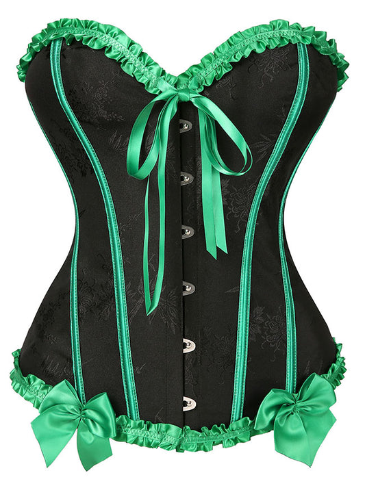Women's Victorian Vintage Sweetheart Lace-Up Overbust Bustier Corset Top with Ruffle Trim Black/Green Main Image