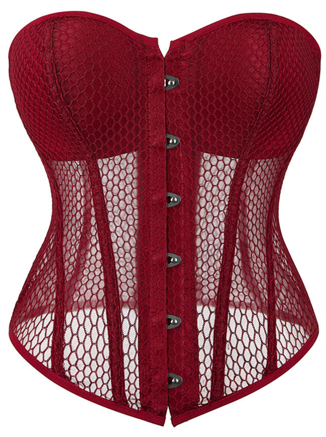 Kimring Women's Mesh Lace Up Body Shaper Overbust Corset Top with Built-in Cups Red Main Image